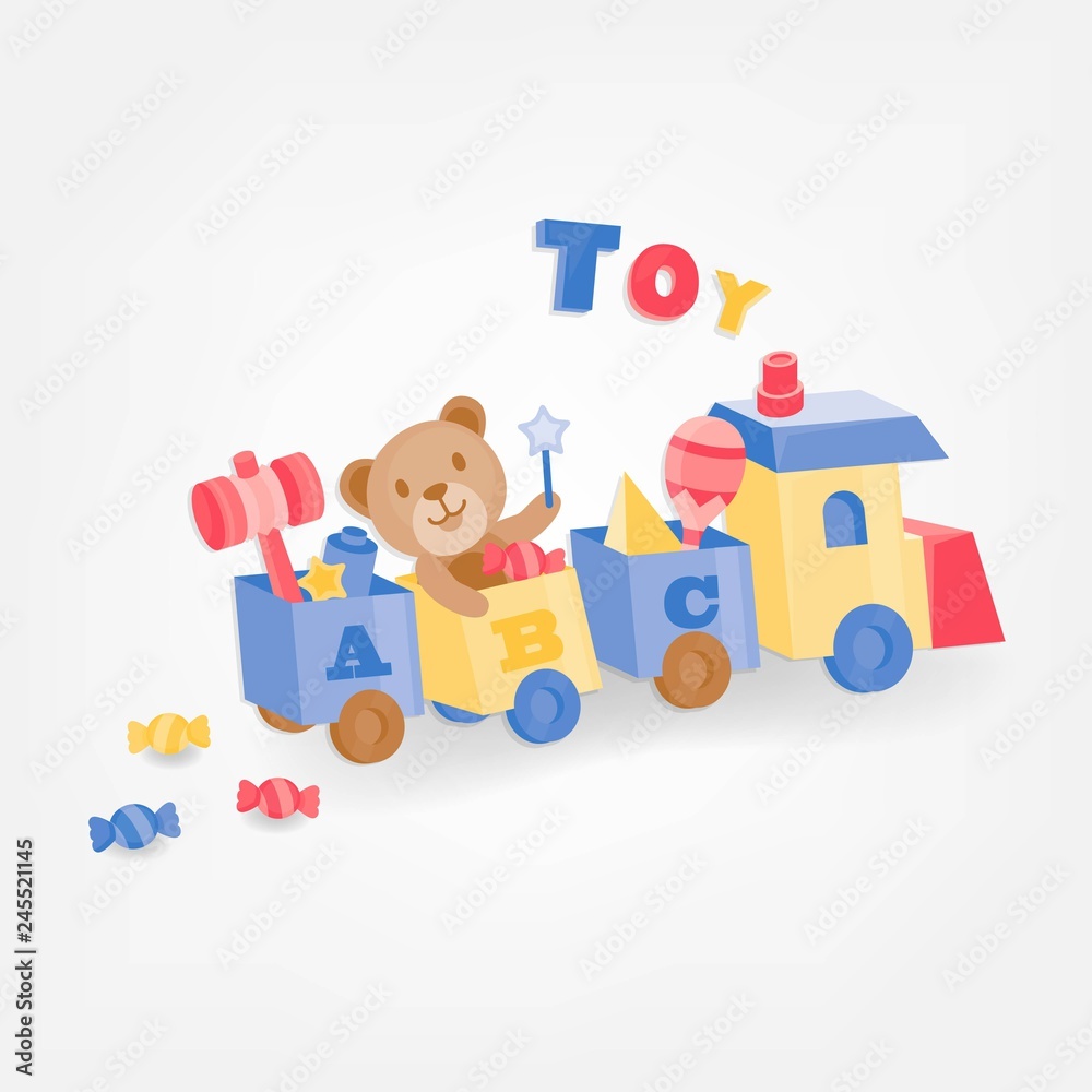 Obraz premium Toy train on white background. Toys in colorful train. - Vector