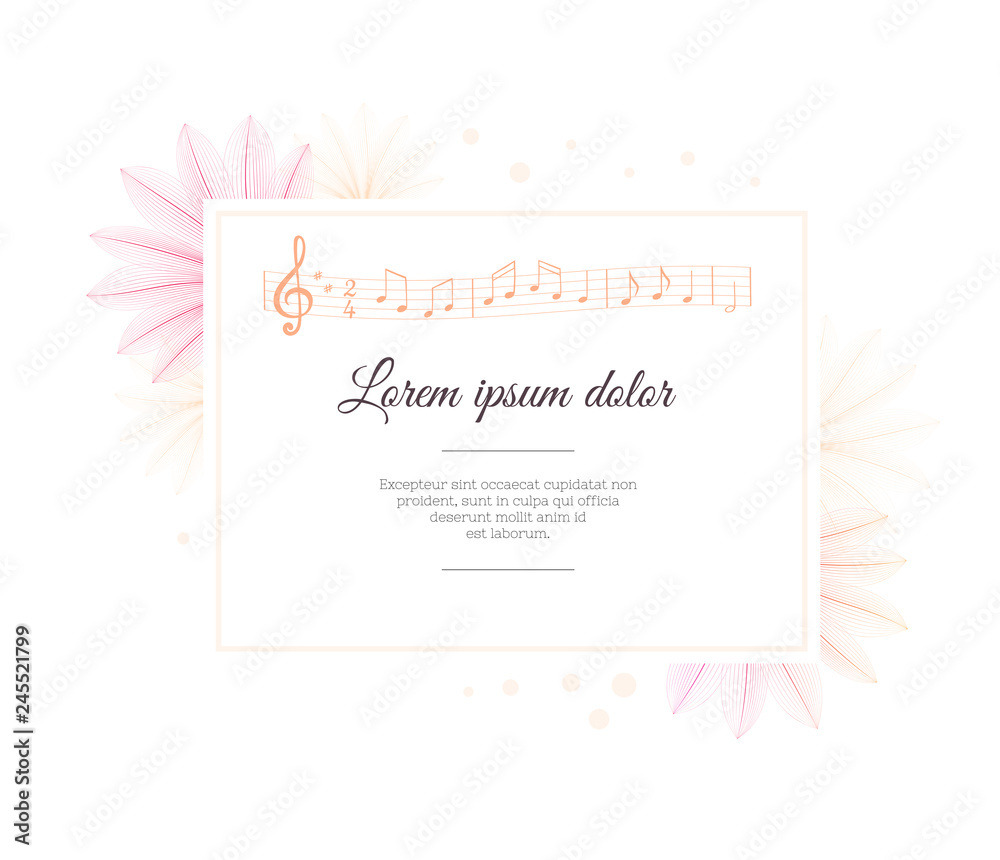 Floral design template. Flower x-ray effect. Music note sheet. Musical melody.