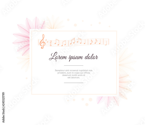 Floral design template. Flower x-ray effect. Music note sheet. Musical melody.