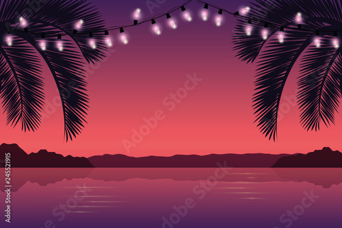 fairy lights on purple paradise palm beach vector illustration EPS10