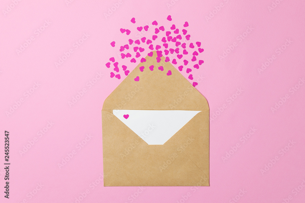Craft envelope with blank note, pink paper hearts Craft envelope with blank note, pink paper hearts