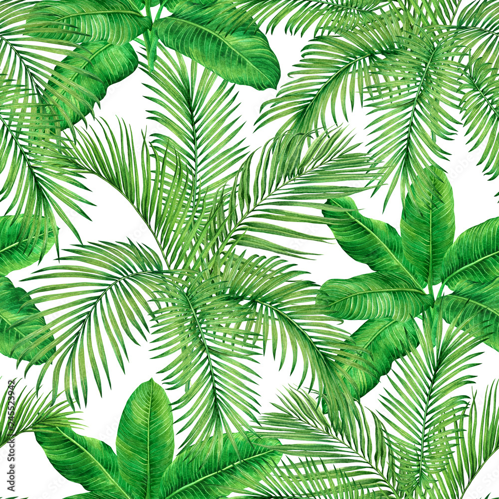Watercolor painting tree coconut,palm leaf,green leave seamless pattern background.Watercolor hand drawn illustration tropical exotic leaf prints for wallpaper,textile Hawaii aloha jungle pattern.