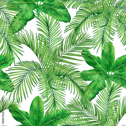 Watercolor painting tree coconut,palm leaf,green leave seamless pattern background.Watercolor hand drawn illustration tropical exotic leaf prints for wallpaper,textile Hawaii aloha jungle pattern. © nongnuch_l