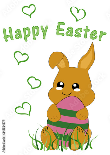 Kawaii Osterkarte mit niedlichem Hasenkind und dem Text frohe Ostern. Vektor Datei EPS 10