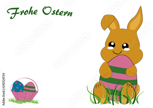Kawaii Osterkarte mit niedlichem Hasenkind, Osterkorb und dem Text frohe Ostern. Vektor Datei EPS 10