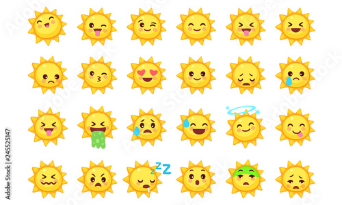 Collection of difference emoticon icon of cute sun cartoon on white background vector illustration part 1