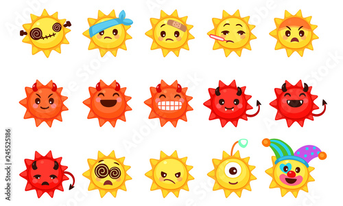 Collection of difference emoticon icon of cute sun cartoon on white background vector illustration part 3