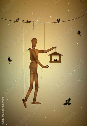 eco friendly materials creative concept, wooden marionette holding feeder for titmoses, preserve the animals idea, creative solution of ecology concept,