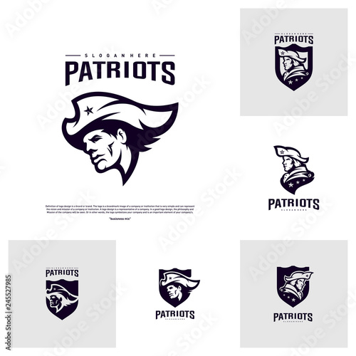 Set of Patriots Logo Design Vector. Head Patriots Logo Design Template. Patriots Shield logo Concept photo