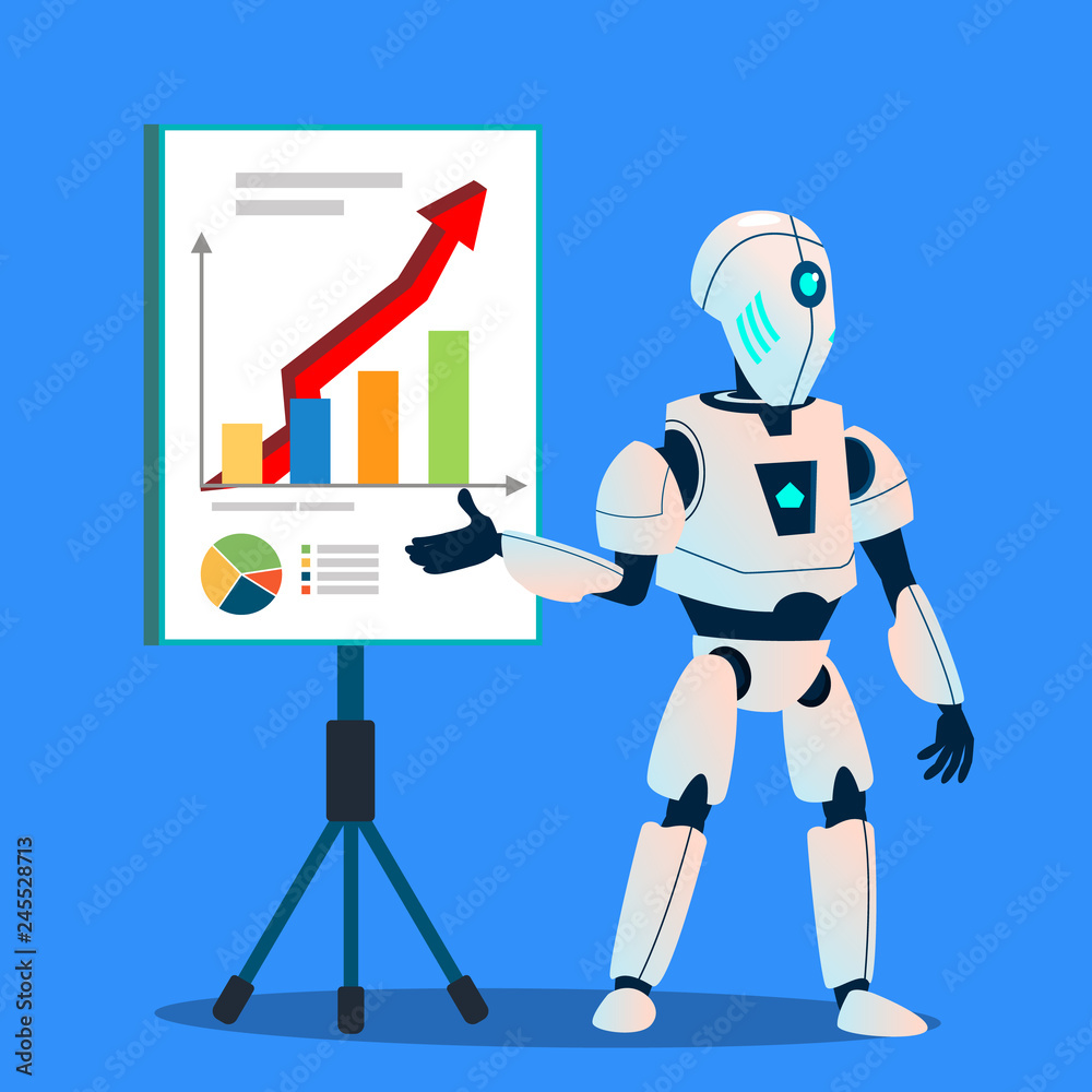 Robot Preparing Analytic And Financial Graphics Vector. Isolated Illustration