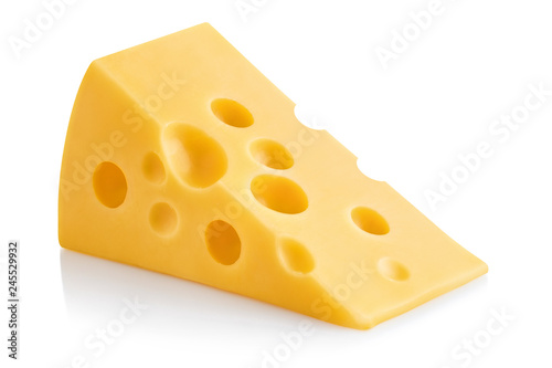 Delicious piece of cheese, isolated on white background photo
