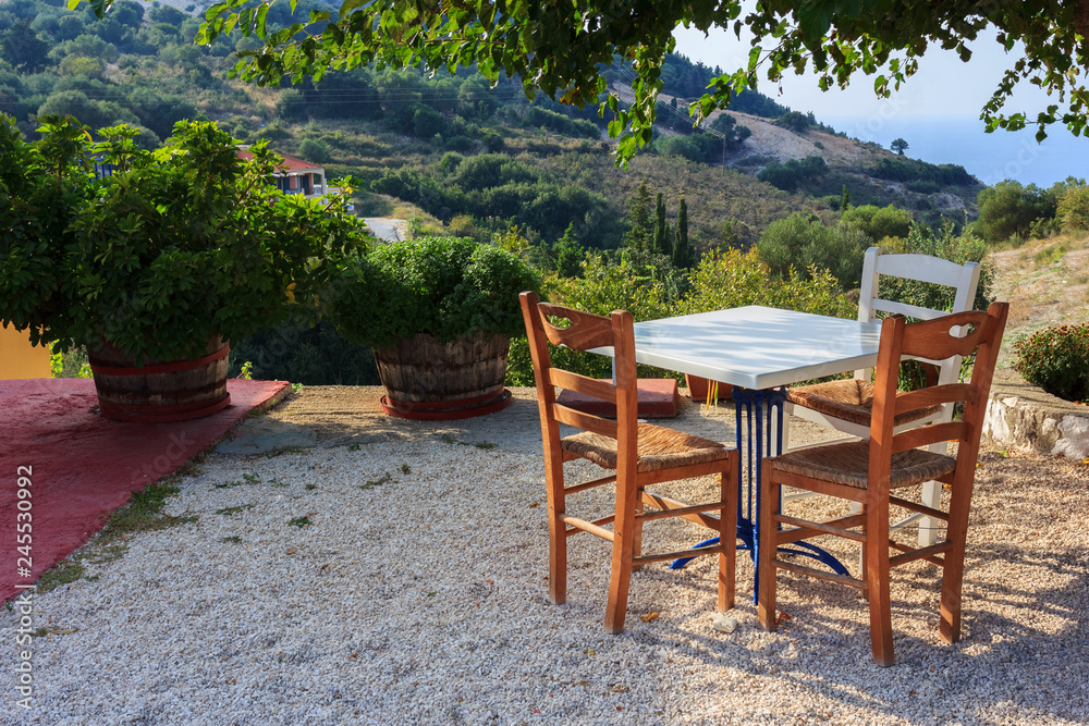 Cafe with seaview. Ionian islands, Kefalonia, Greece