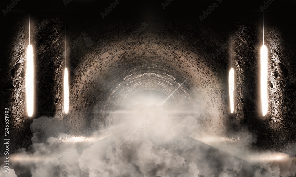 Round underground tunnel, cave, mine. Illumination by neon light. Smoke, smog, night view. 3D rendering.