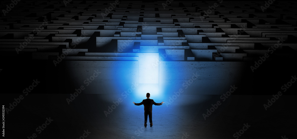 Businessman getting ready to enter the dark labyrinth with illuminated door
Businessman getting ready to enter the dark labyrinth with illuminated door