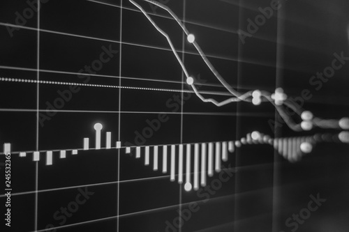 Obraz na plátne Stock exchange market in black and white on LED screen