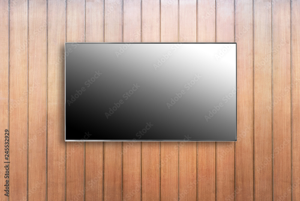 LED tv television screen mockup / mock up, blank on wooden wall background LED tv television screen mockup / mock up, blank on wooden wall background