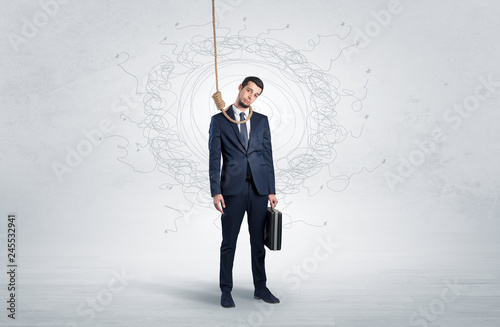 Burnout young elegant businessman trying to suicide with doodle concept
 photo