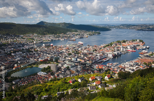 Aerial view of the city of Bergen from the viewpoint of the Fløyen funicular. Norway