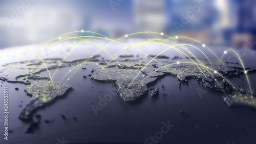 Connection lines Around map , Futuristic Technology Theme Background with Light Effect.Global International Connectivity Background.3d illustration