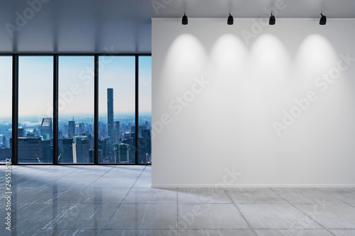 large office with blank white wall in front of panoramic window skyline view, 3D Illustration