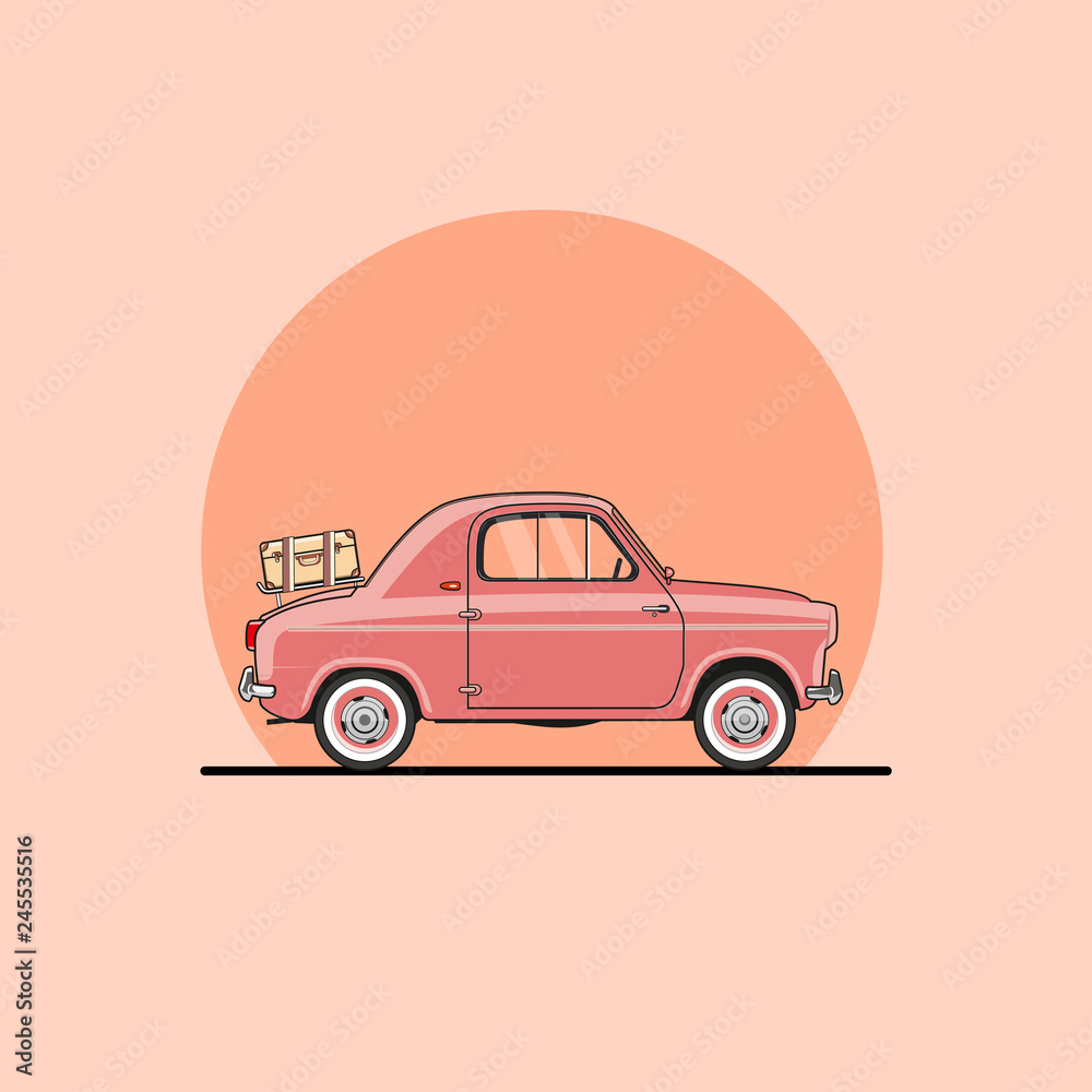 vector pink travel retro car 