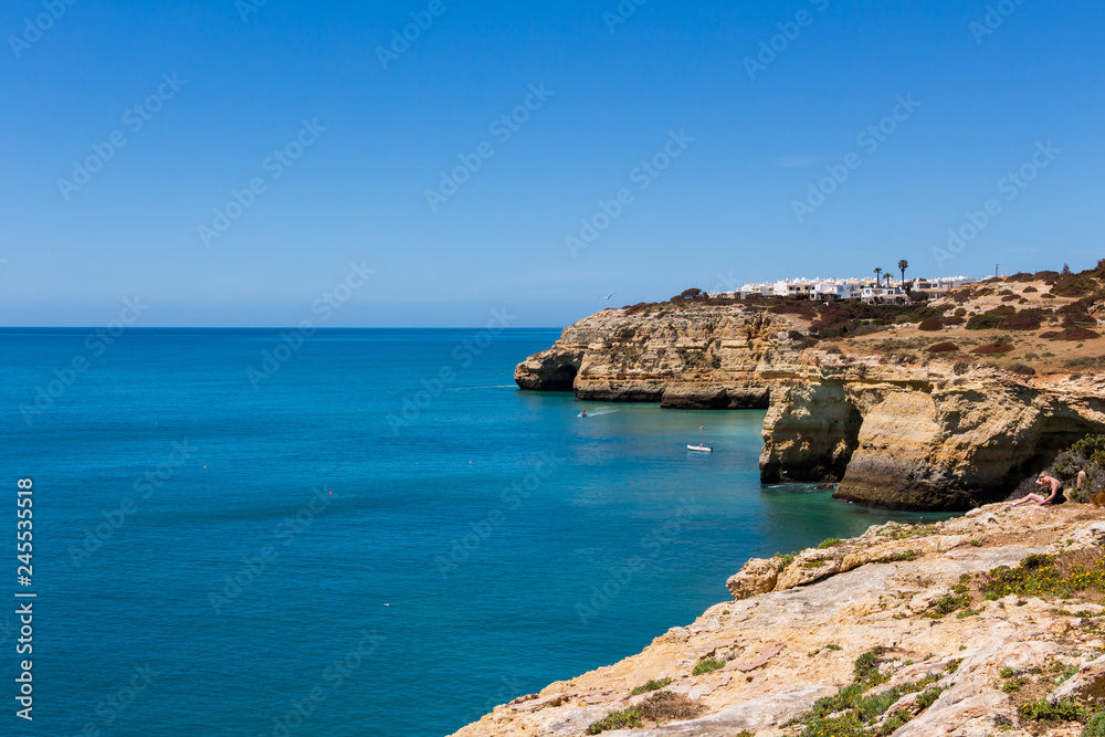Beautiful view over cliffs and turquoise ocean in Benagil beach (Praia de Benagil)