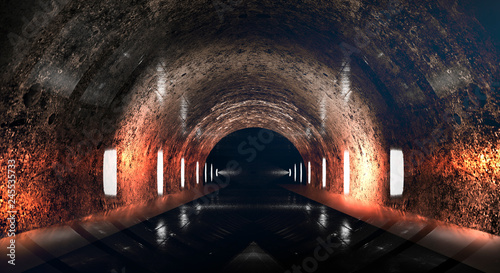 Fototapeta Naklejka Na Ścianę i Meble -  Round underground tunnel, cave, mine. Illumination by neon light. Neon light, Smoke, smog, night view. 3D rendering.