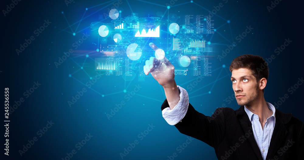 Man accessing modern hologram personal database with fingerprint identification Man accessing modern hologram personal database with fingerprint identification