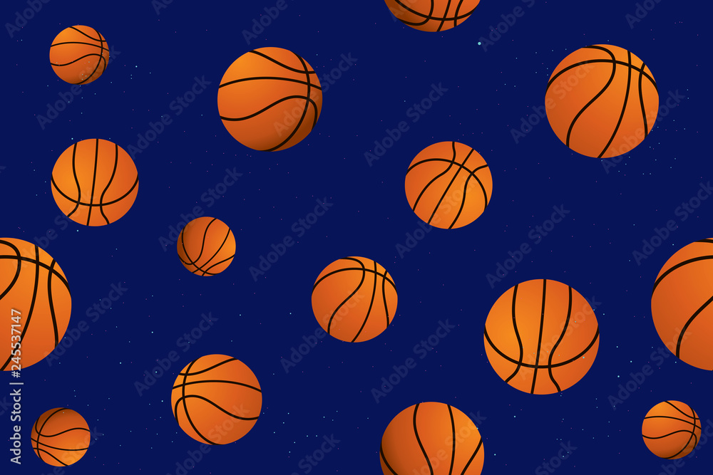 Vector seamless pattern with basketball on blue background.