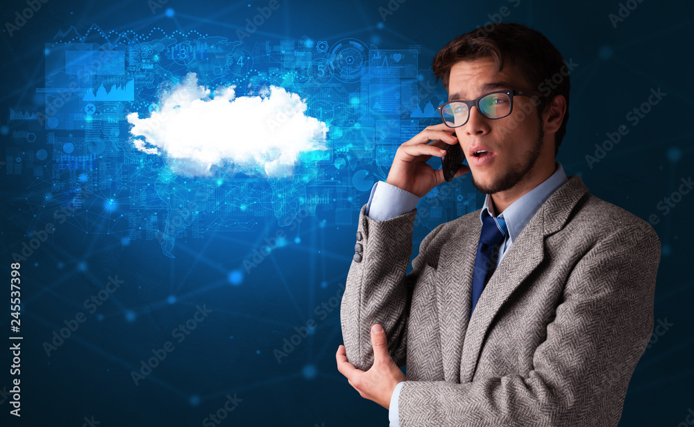 Person talking on the phone with blue cloud technology concept
Person talking on the phone with blue cloud technology concept