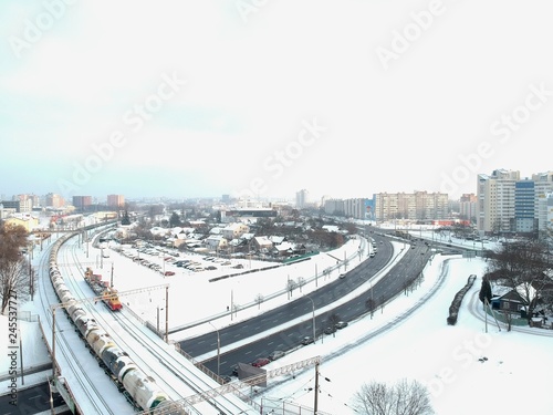 Aerial view of transport hub in Minsk, Belarus in winter 