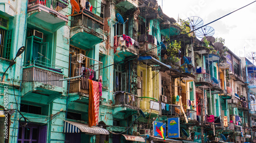 colorful  street scape of dwellings in Yangon, Myanmar 