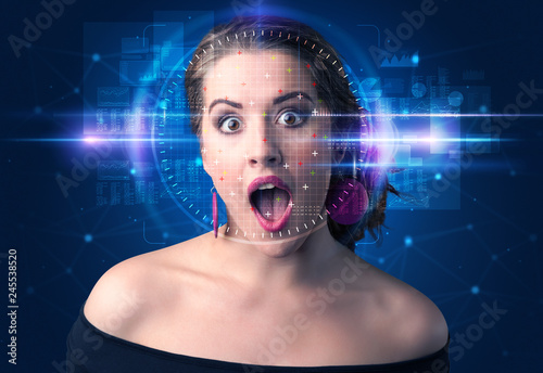 Biometric verification - woman face detection, high technology concept