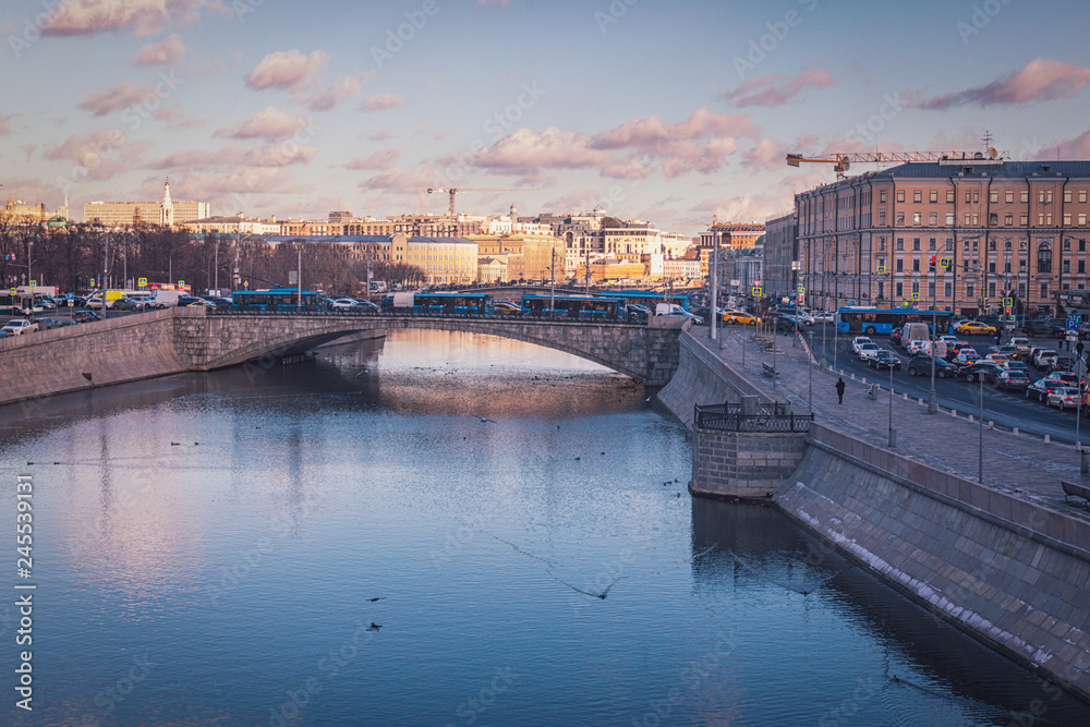 Moskva river view and traffic jams on the roads of Moscow