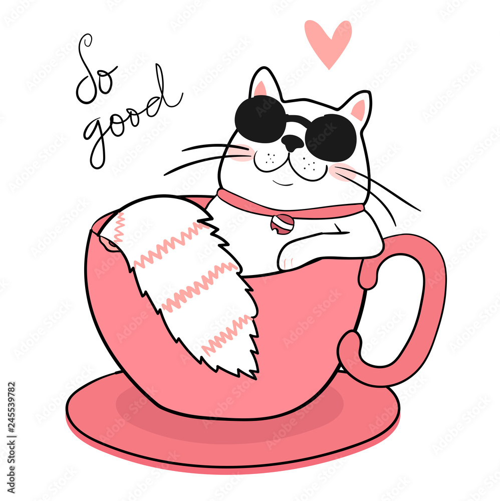 cute white fat cat with sun glasses sleeping in a coffee cup, draw - obrazy, fototapety, plakaty 