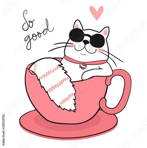 cute white fat cat with sun glasses sleeping in a coffee cup, draw
