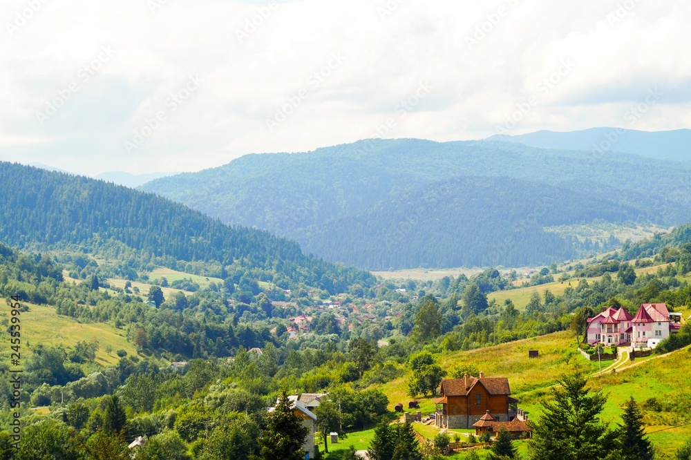 View of the village of shidnytsya in the Carpathians mountains.