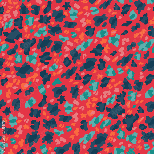 Vector Seamless pattern of leopard skin in bright green, blue, pink and orange on red background, Wild Animals pattern for textile or wall paper, illutration leopard print