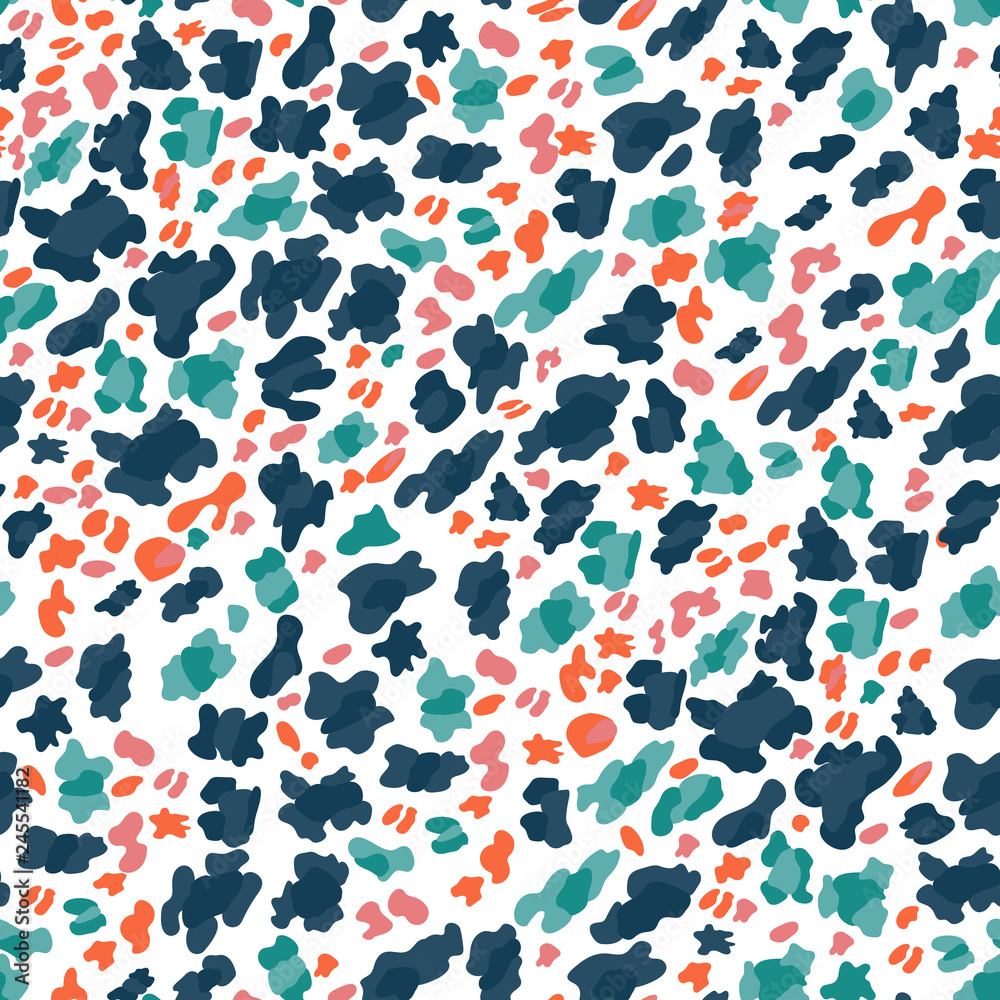 Vector Seamless pattern of leopard skin in bright green, blue, pink and orange on red background, Wild Animals pattern for textile or wall paper, illutration leopard print