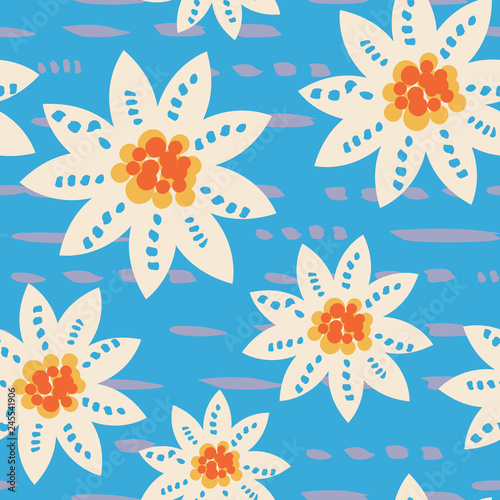 Colorful hand drawn flowers on a brightly colored background  seamless repeat pattern. Fun  beachy and tropical  perfect for summer party and home decor  fashion  textiles and paper items. Vector.