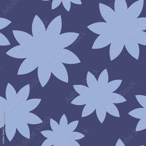 Simple yet striking, blue hand drawn flower shapes on a dark blue background. Seamless repeat pattern. Perfect for summer home decor, fashion, textiles, graphic design and paper items. Vector.