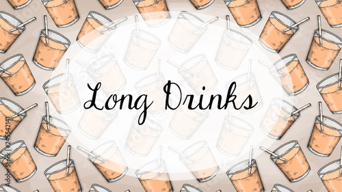 Vector Illustration of long drinks template card with cocktail glasses pattern sketch style