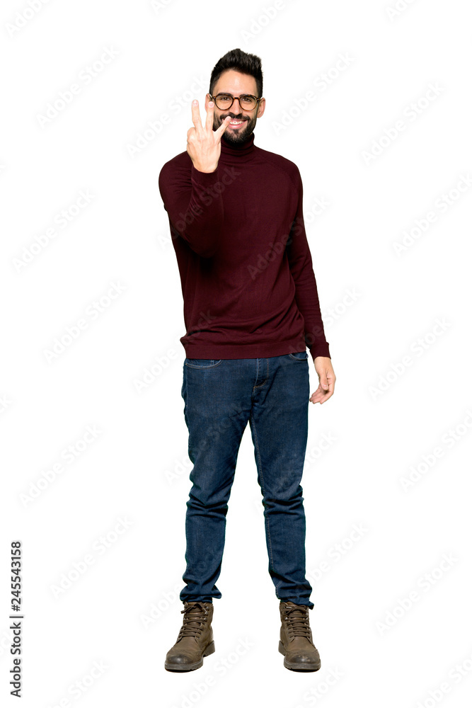 Full-length shot of Handsome man with glasses happy and counting three with fingers on isolated white background