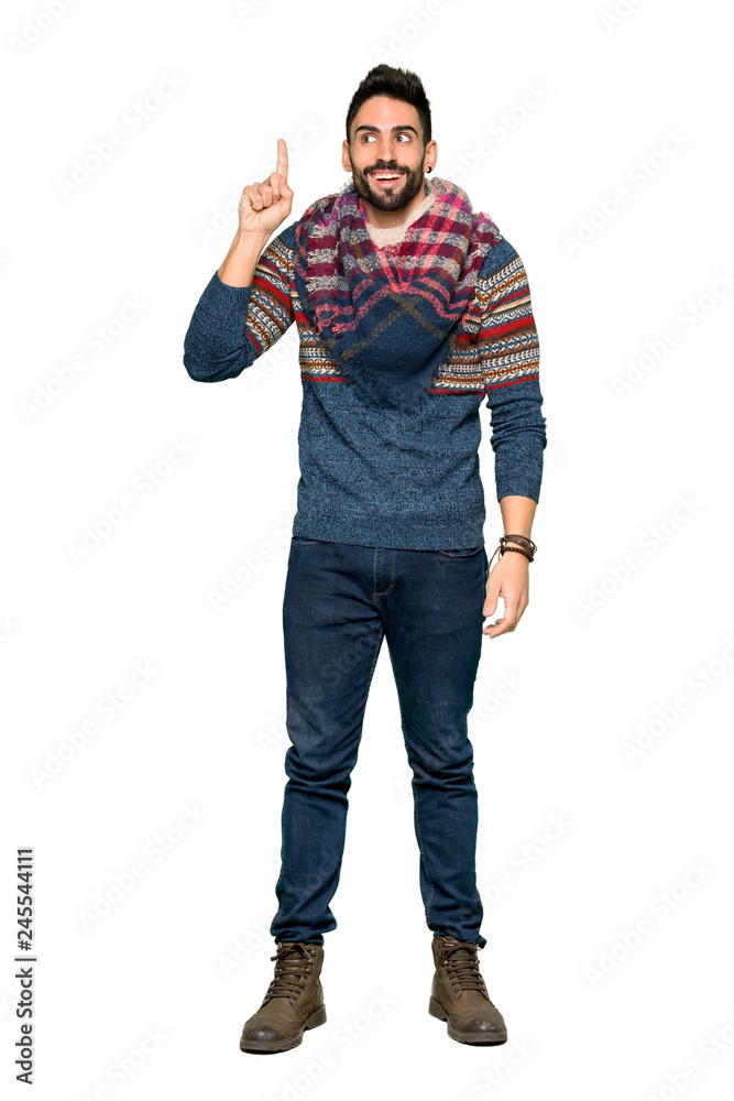 Full-length shot of Hippie man intending to realizes the solution while lifting a finger up on isolated white background Full-length shot of Hippie man intending to realizes the solution while lifting a finger up on isolated white background