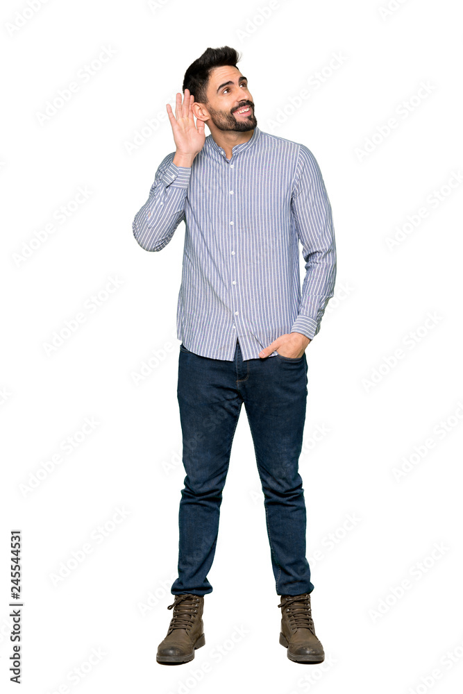 Full-length shot of Elegant man with shirt thinking an idea while scratching head on isolated white background Full-length shot of Elegant man with shirt thinking an idea while scratching head on isolated white background