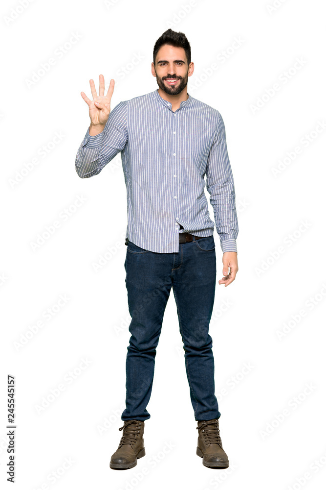Full-length shot of Elegant man with shirt happy and counting four with fingers on isolated white background Full-length shot of Elegant man with shirt happy and counting four with fingers on isolated white background