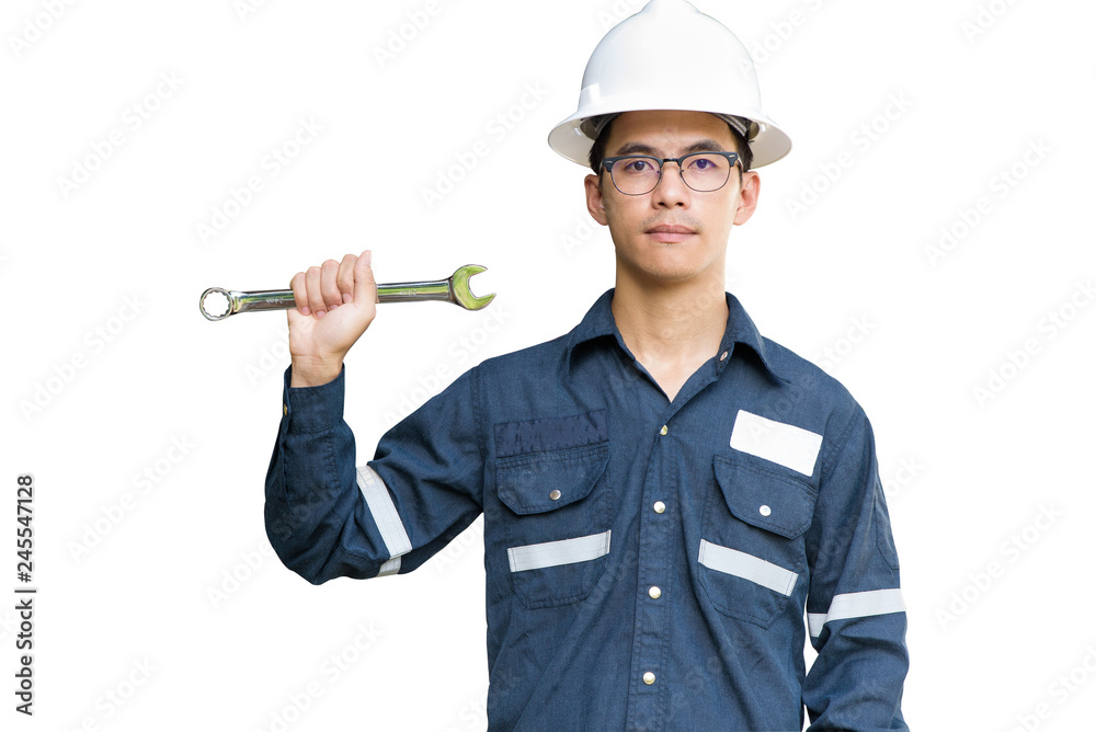 Asian man,Engineer or Technician in white helmet, glasses and blue working shirt suit holding wrench, isolated on white, mechanic and Oil and Gas industrial concept with clipping path Asian man,Engineer or Technician in white helmet, glasses and blue working shirt suit holding wrench, isolated on white, mechanic and Oil and Gas industrial concept with clipping path