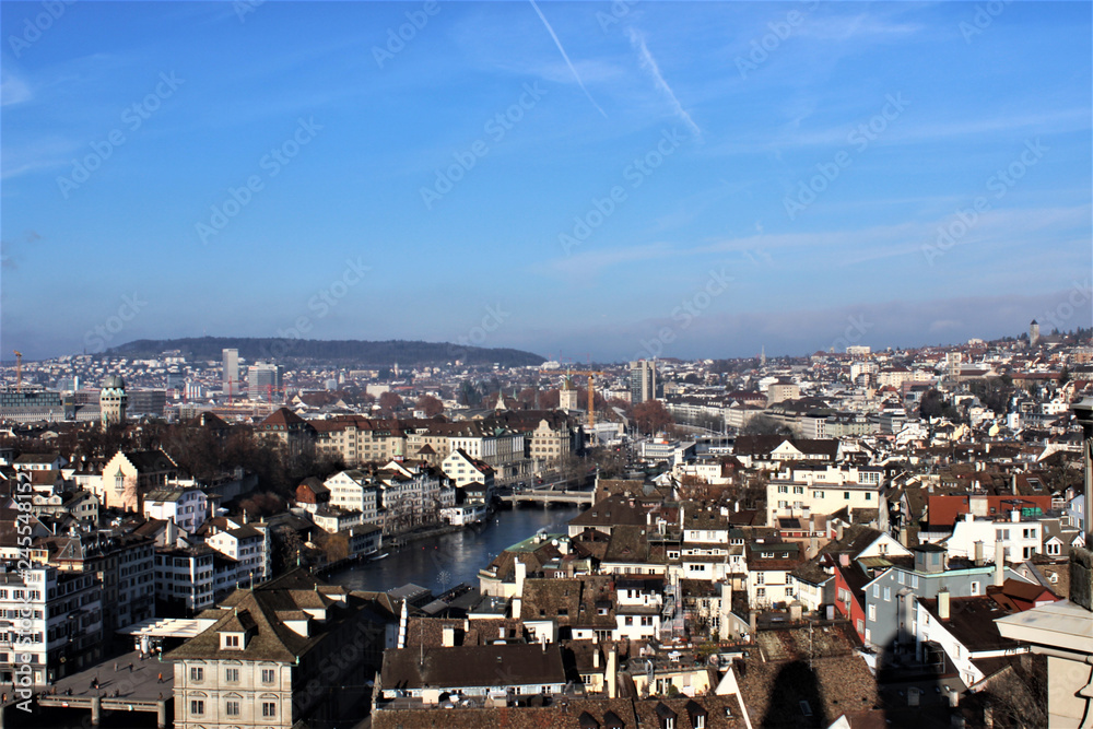 Naklejka premium Zurich, Switerland from above seen from cathedral. sunny day in Zurich. 