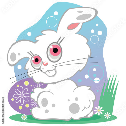 Cute white Easter bunny with pink eyes and an Easter egg