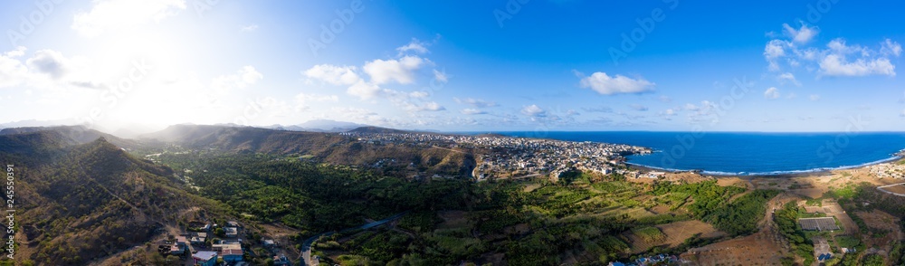 Aerial Panoramic view of Sugar canne and coconut plantation  near Calheta Sao Miguel in  Santiago island in Cape Verde - Cabo Verde